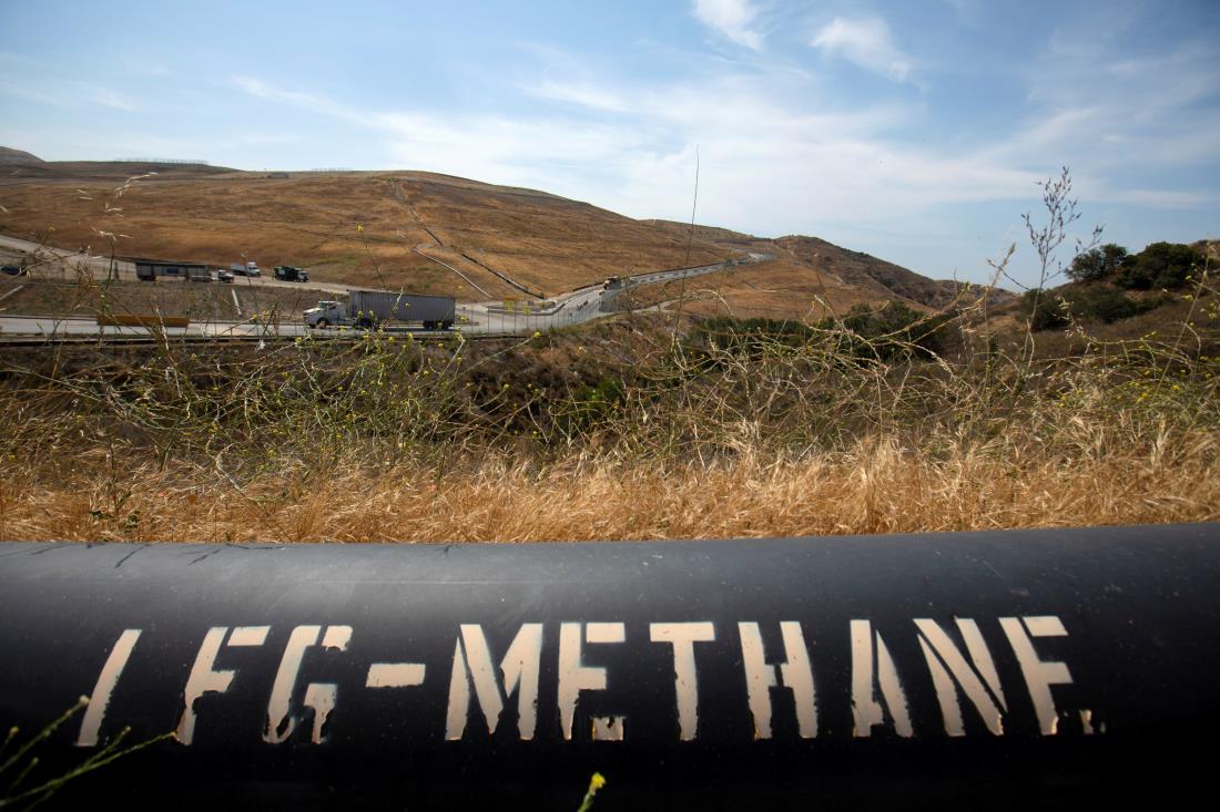 A pipeline that moves methane gas from the Frank R. Bowerman landfill to an o<em></em>nsite power plant is shown in Irvine, California, California, U.S., June 15, 2021.   REUTERS/Mike Blake