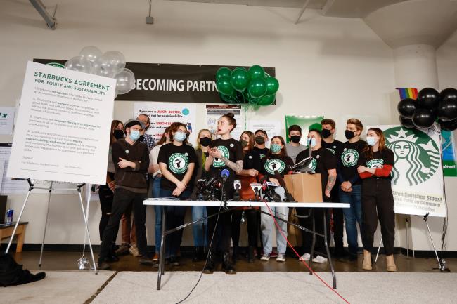 Starbucks workers speak to the media after unio<em></em>n vote in Buffalo, New York, U.S., December 9, 2021.  REUTERS/Lindsay DeDario