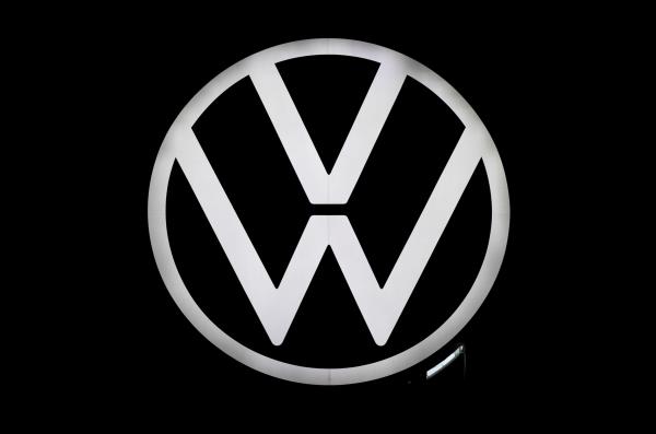 A new logo of German carmaker Volkswagen is unveiled at the VW headquarters in Wolfsburg