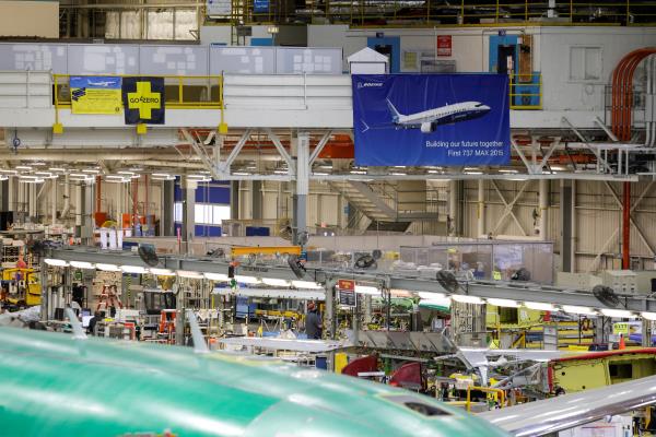 The P-8 production line is pictured at Boeing's 737 factory in Renton