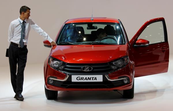 A Lada Granta car is displayed at the 2018 Moscow Internatio<em></em>nal Auto Salon in Moscow