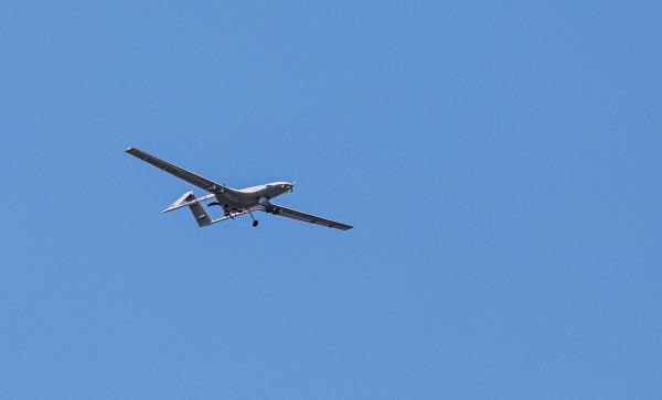 A Bayraktar TB2 drone is seen during a demo<em></em>nstration flight at an aerospace and technology festival in Baku