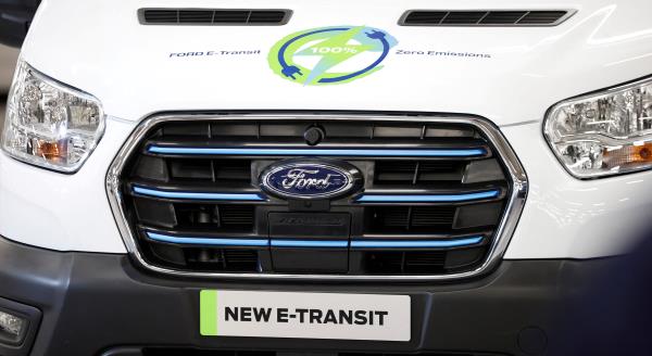 A new Ford E-Transit van is seen inside the company's Halewood plant in Liverpool