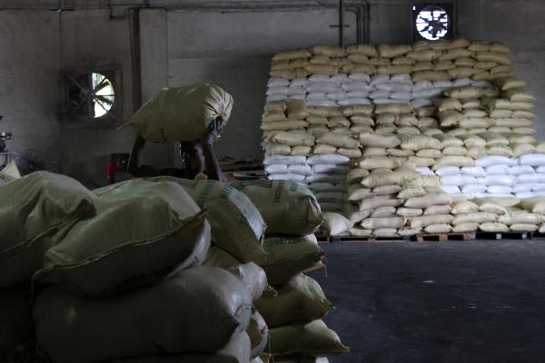 Worker of the Social State Plan carries a sack of sugar during preparation for Hurricane Maria in Santo Domingo