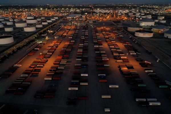 Cargo shipping co<em></em>ntainers at a storage yard in Carson, California