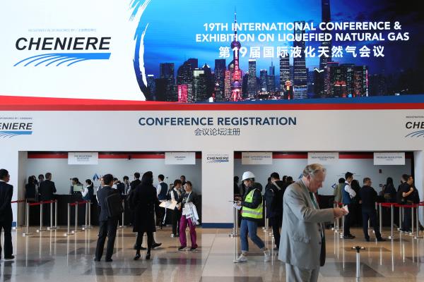 Sign of U.S LNG company Cheniere is seen at the registration counter at the Internatio<em></em>nal Co<em></em>nference & Exhibition on Liquefied Natural Gas (LNG2019) in Shanghai