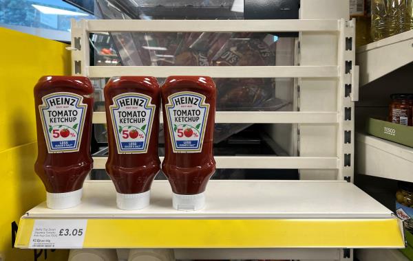 Plastic bottles of Heinz tomato ketchup at Tesco store in London