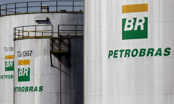 The logo of Brazil's state-run Petrobras oil company is seen on a tank in at Petrobras Paulinia refinery in Paulinia