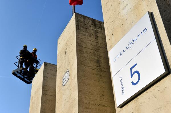 FILE PHOTO: Logo of Stellantis seen at the main entrance of FCA Mirafiori plant in Turin