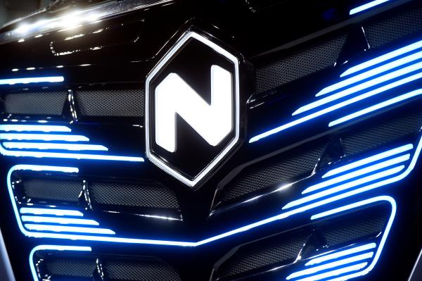 U.S. Nikola's logo is pictured at an event held to present CNH's new full-electric and Hydrogen fuel-cell battery trucks in partnership with U.S. Nikola event in Turin