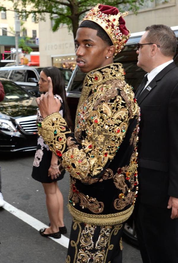 Recording artist Christian Combs in a gold and black Dolce & Gabbana outfit at The Mark Hotel's 2018 Met Gala celebration.