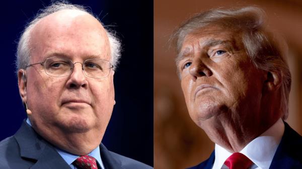 Karl Rove (left) at a 2019 event in Beverly Hills, California. Former President Do<em></em>nald Trump (right) at his Mar-a-Lago resort following an FBI search for classified new<em></em>lines.