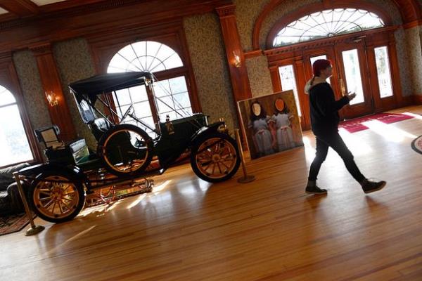 A 1910 Stanley Steamer Car sits in the main lobby of the hotel, which was created and built by Freelan Oscar