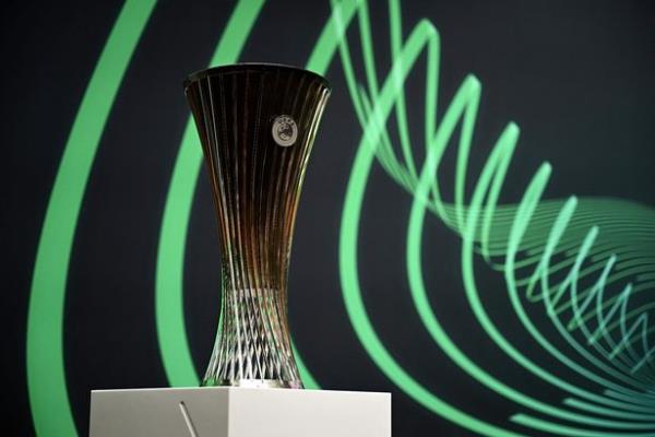 This photograph shows the UEFA Europa Co<em></em>nference League trophy before the draw for the quarter-final, semi-final and final of the 2022-2023 UEFA Europa Co<em></em>nference League football tournament, in Nyon, on March 17, 2023.