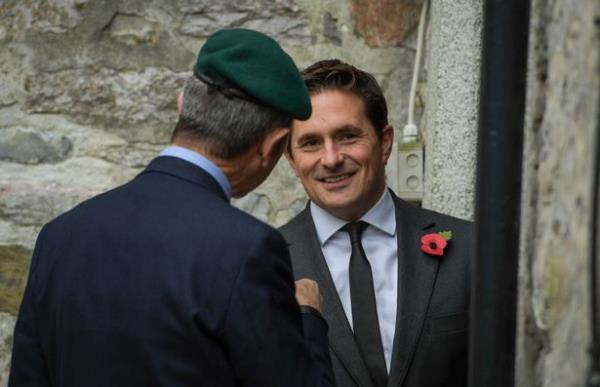 PLYMOUTH, ENGLAND - NOVEMBER 11: Co<em></em>nservative MP Johnny Mercer, MP for Plymouth Moor View, before a funeral service for Dennis Hutchins on November 11, 2021 in Plymouth, England
