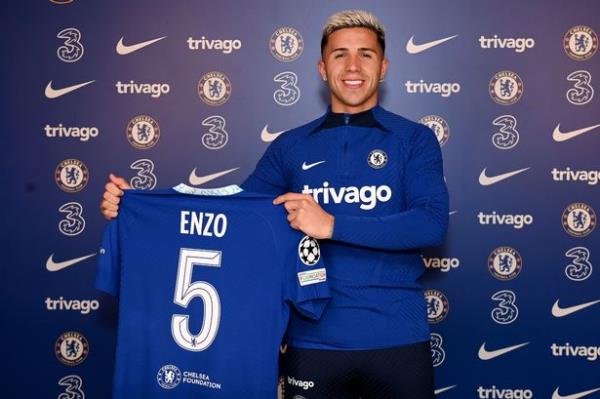 COBHAM, ENGLAND - FEBRUARY 01: Chelsea unveil new signing Enzo Fernandez at Chelsea Training Ground on February 1, 2023 in Cobham, England.