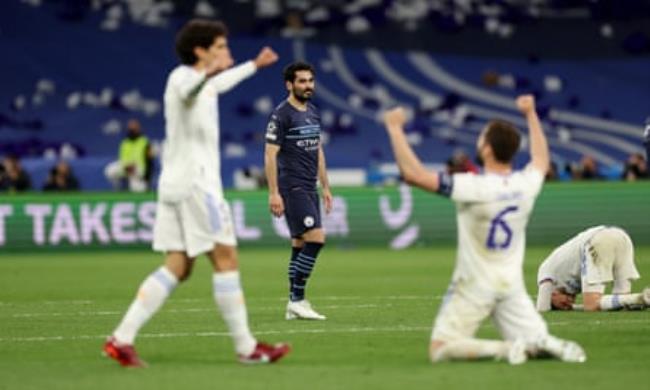 Real Madrid players celebrate after their remarkable comeback knocked out Manchester City in the 2022 semi-final.