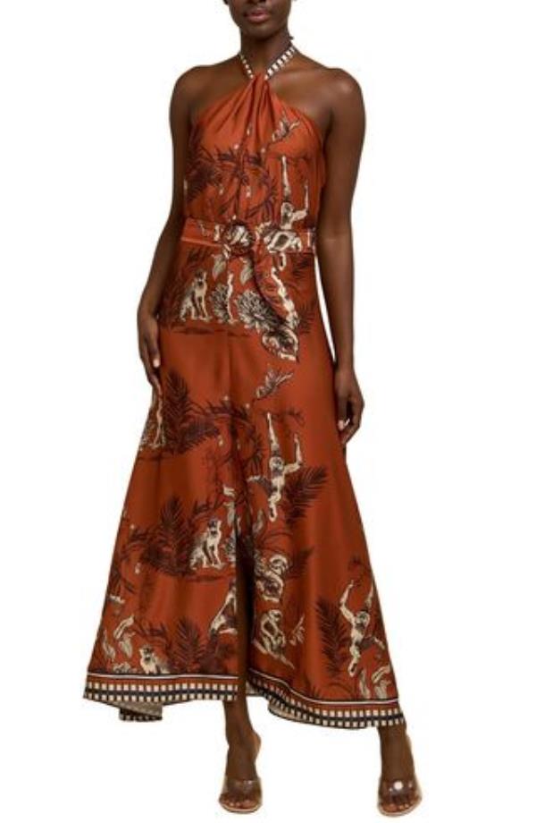 Courtney Animal Print Halter Neck Satin Maxi Dress