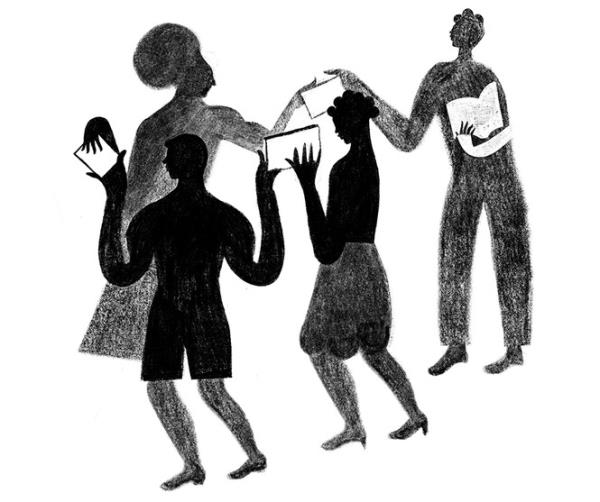 illustration of a group of figures sharing books