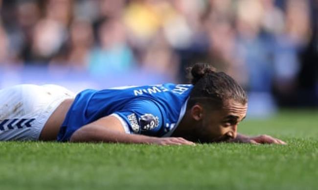 Dominic Calvert-Lewin lays on the pitch during the Premier League match between Everton and Burnley at Goodison Park on 6 April 2024
