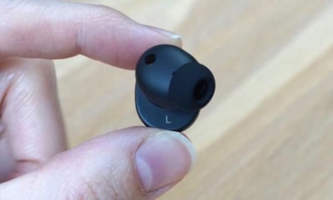 The silicone tip of a Fairphone Fairbuds earbud.