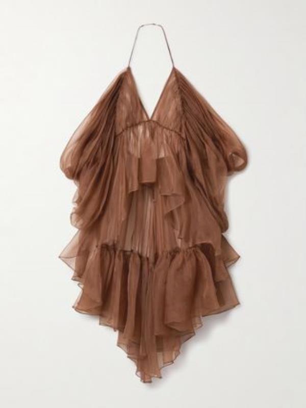 Natura Cold-Shoulder Tiered Silk-Organza Top