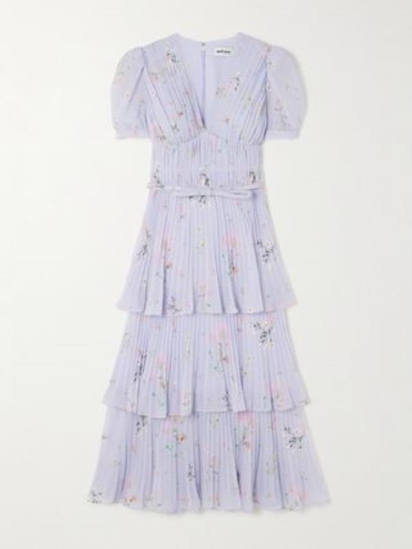 Tiered Pleated Floral-Print Chiffon Midi Dress