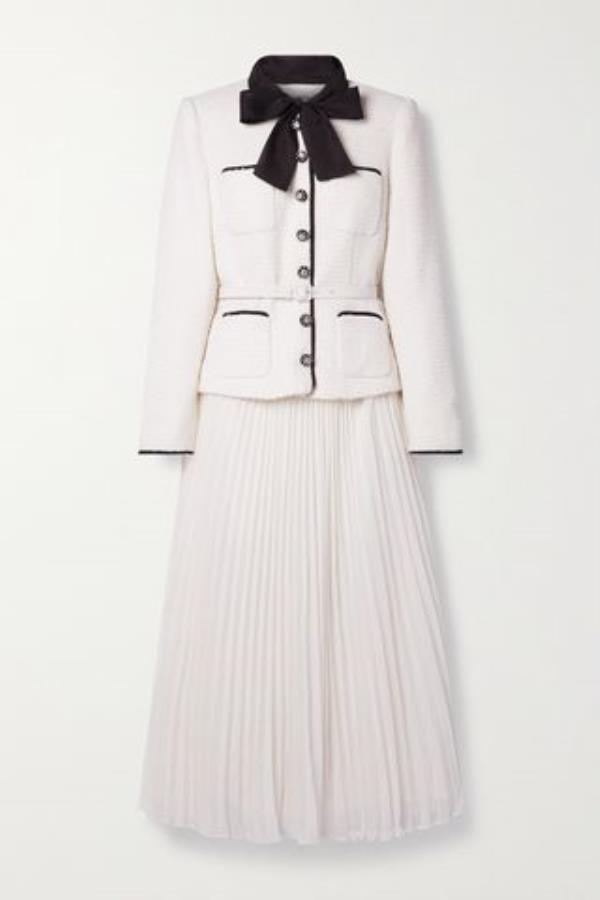 Belted Crystal-Embellished Bouclé and Pleated Crepe Midi Dress