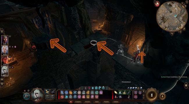 Sorcerer prepares to follow shaded arrows to jump o<em></em>nto rafters above Dror Ragzlin Arena in Baldur's Gate 3