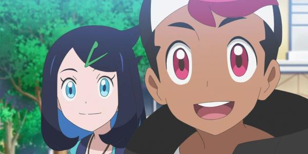 Pokemon Horizons' Liko and Roy looking happy with some trees behind them.