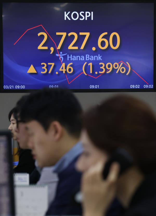 An electro<em></em>nic board showing the Korea Composite Stock Price Index at a dealing room of the Hana Bank headquarters in Seoul on Thursday. (Yonhap)