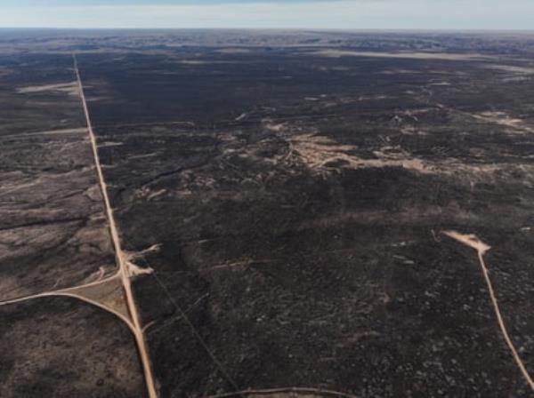 An aerial view of the fire line following the Smokehouse Creek fire in Fritch, Texas, in March 2024.