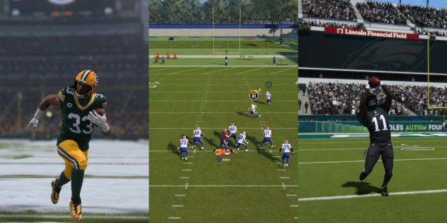 aaron jo<em></em>nes running in the snow, josh allen placement passing, aj brown deep catch