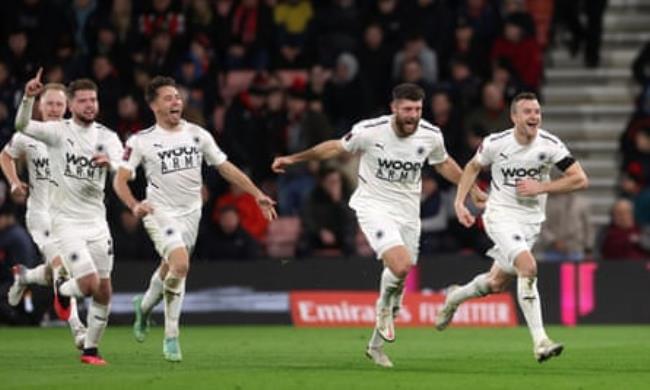 Mark Ricketts celebrates after scoring for Boreham Wood against AFC Bournemouth in the FA Cup in 2022.