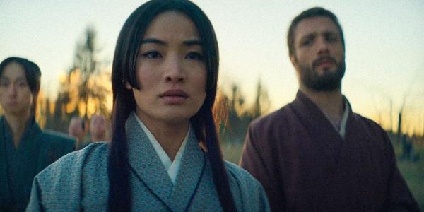 Toda Mariko and John Blackthorne close up shot looking worried in shogun