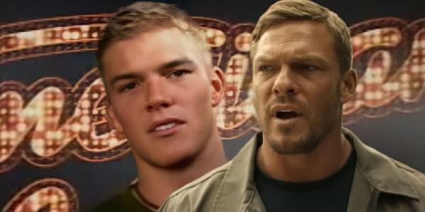 Composite of Alan Ritchson on American Idol and his Reacher character looking shocked