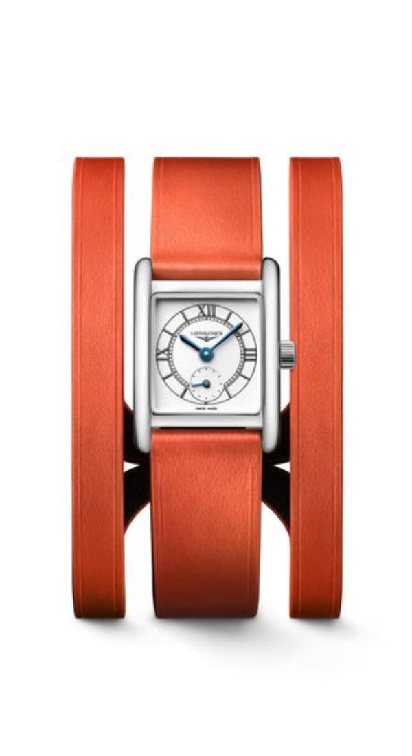 Lo<em></em>ngines mini dolcevita watch with orange leather double straps