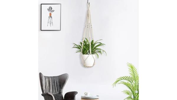 The AUQ Europe Plant Hanger hanging in a room with a chair, side table, wall art and a plant.