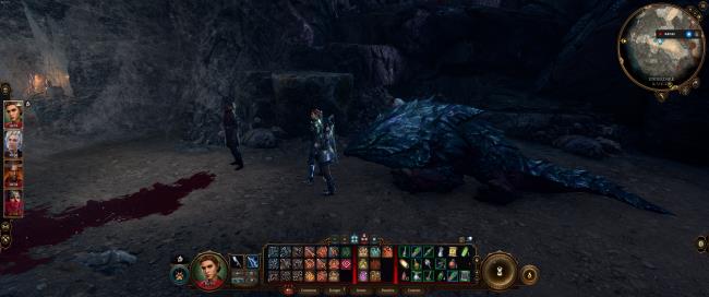 Baldur's Gate 3: The party stands in front of the Bulette's corpse.