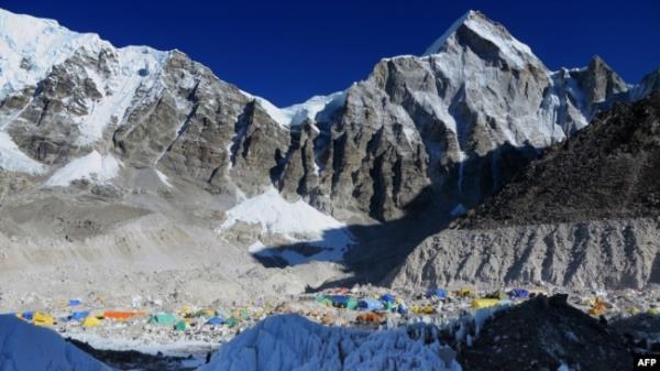 This photograph taken on April 18, 2014, shows Everest ba<em></em>se Camp from Crampon Point, the entrance into the Khumbu icefall below Mount Everest, following an avalanche that killed sixteen Nepalese sherpas in the Khumbu icefall.