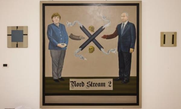 A painting depicting Angela Merkel and Vladimir Putin flanking a shape that recalls a swastika. The words Nord Stream 2 are rendered in Gothic s<em></em>cript below. 