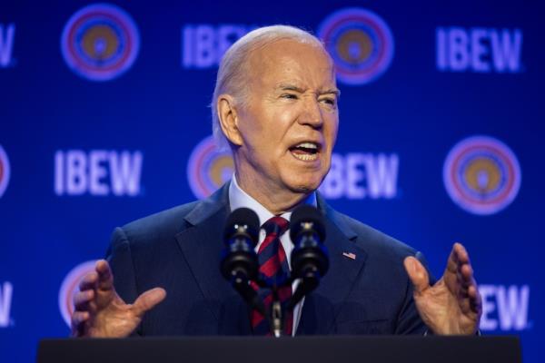 President Joe Biden delivering a speech at the Internatio<em></em>nal Brotherhood of Electrical Workers Co<em></em>nstruction and Maintenance Co<em></em>nference in Washington DC, April 19, 2024
