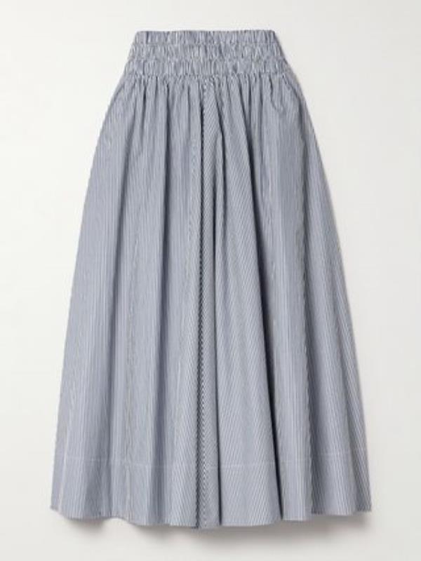 The Kyria Pleated Striped Cotton-Poplin Midi Skirt