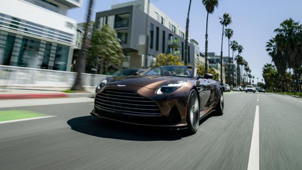 Aston Martin DB12 Volante action front Santa Monica