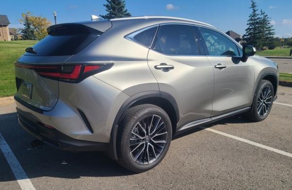 Rear quarter view of the 2023 Lexus NX 350h purchased by John and Deborah Storjohann of Welland, Ont.
