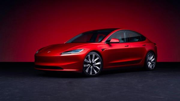 Newly updated Tesla Model 3, front three quarters