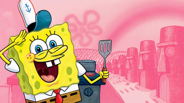 An edited image of Spo<em></em>ngeBob Squarepants in front of a row of Squidward houses in SpongeBob