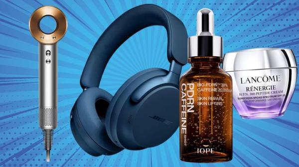 Dyson hair dryer, Bose headphones, IOPE BIO-PDRN Caffeine Shot Face Serum and Lancôme hyaluro<em></em>nic acid face cream.