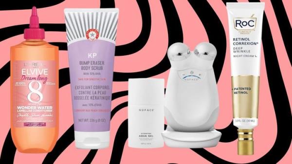 An eight-second shine treatment for hair, First Aid Beauty's 10% AHA bump-eraser, the NuFace Trinity facial to<em></em>ning device and a retinol moisturizer.