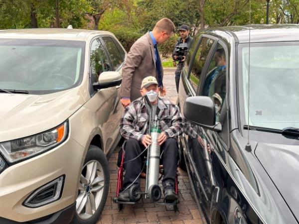 Terry Jon Martin prepares to leave the federal courthouse in Duluth, Minn., Oct. 13, 2023. Martin, charged with the museum heist of a pair of ruby slippers worn by Judy Garland in the "The Wizard of Oz" gave into the temptation of "one last score" after an old mob associate led him to believe the famous shoes must be adorned with real jewels to justify their $1 million insured value according to a new memo filed ahead of his Monday, Jan. 29, 2024, sentencing in Duluth. (Dan Kraker/Minnesota Public Radio via AP)